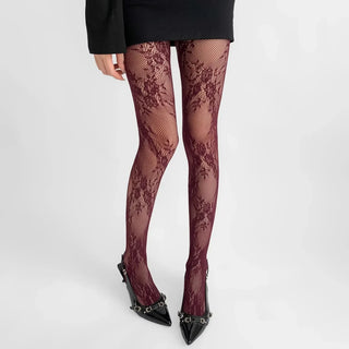Collants en dentelle pour femme bordeaux, motif floral sur toute la jambe