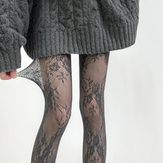 Collants en dentelle pour femme gris foncé, motif floral en dentelle sur les jambes