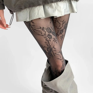 Collants en dentelle pour femme marron, motif floral en dentelle sur toute la jambe