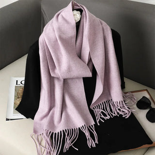 Écharpe rose mauve en laine, longue et frangée