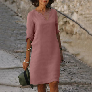 Robe à col V, manches trois-quarts, rose