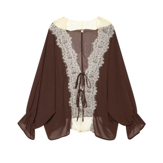 Blouse marron fluide à dentelle écrue et liens à nouer devant