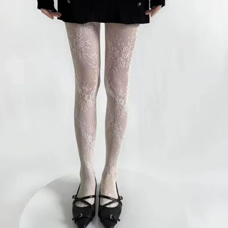 Collants en dentelle pour femme blanc cassé, motif florale en résille sur les jambes