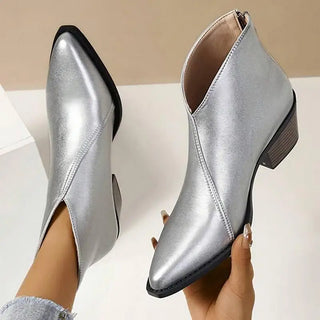 Bottines argentées à bout pointu, talon bas, tige cheville