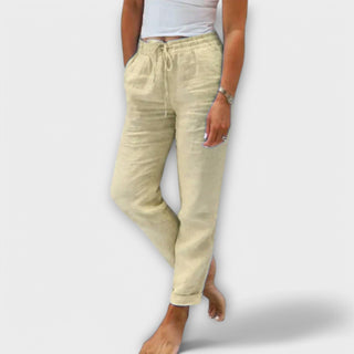 Pantalon léger en lin Stacy beige, taille élastique à cordon, jambes légèrement fuselées