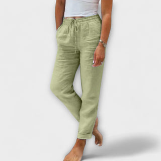 Pantalon léger en lin Stacy vert, taille élastique à cordon, jambes légèrement fuselées