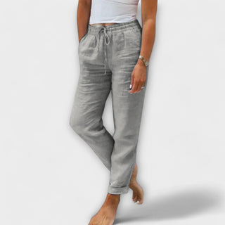 Pantalon léger en lin Stacy gris, taille élastique à cordon, jambes légèrement fuselées