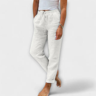 Pantalon léger en lin Stacy blanc, taille élastique à cordon, bas retroussé