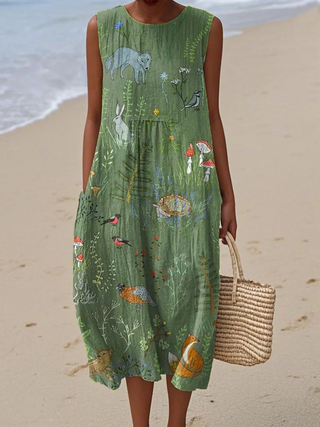 Robe sans manches vert foncé à motifs animaux et fleurs, coupe évasée