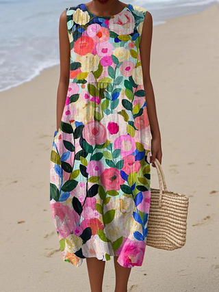 Robe sans manches ample à motifs floraux multicolores, longueur mi-mollet