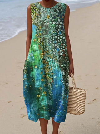 Robe sans manches à col rond, motif circulaire vert et bleu, style loisirs