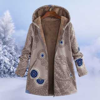 Manteau doublé à capuche beige, motifs décoratifs bleus et intérieur marron