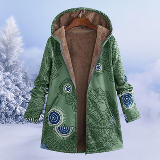Manteau doublé à capuche vert, motifs décoratifs bleus et intérieur marron
