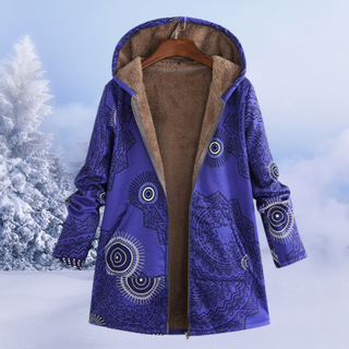 Manteau doublé à capuche bleu, motifs géométriques bleus et intérieur marron