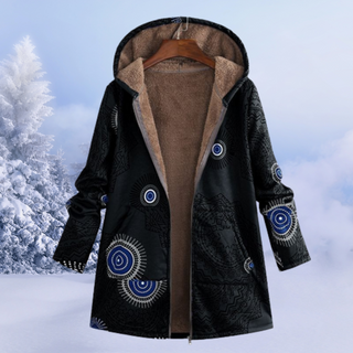 Manteau doublé à capuche noir, motifs géométriques bleus et intérieur marron