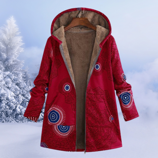 Manteau doublé à capuche rouge, motifs décoratifs bleus et intérieur marron