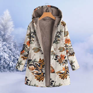 Manteau doublé à capuche, motif floral orange sur fond écru et intérieur marron