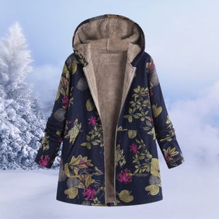 Manteau doublé à capuche bleu nuit, motif floral multicolore sur l’extérieur