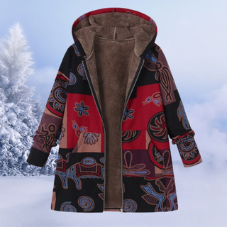 Manteau doublé à capuche, tissu noir à motifs rouges et cachemire bleus