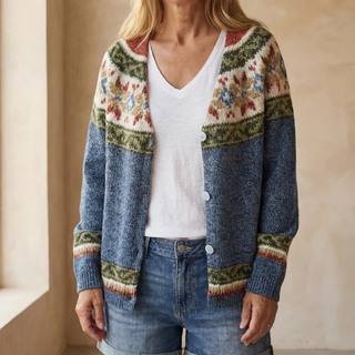 Cardigan rayé bleu à boutons, encolure en V, bandes multicolores épaisses sur les manches