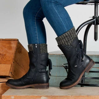Bottes d’hiver en suède noires, col tricoté et laçage arrière, semelle épaisse
