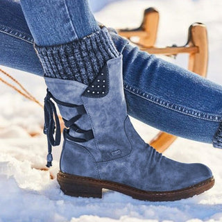 Bottes d’hiver en suède bleues, col tricoté et laçage arrière, semelle épaisse