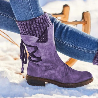 Bottes d’hiver en suède violettes, col tricoté et laçage arrière, semelle épaisse