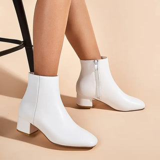 Bottines blanches à talon carré, bottillon avec fermeture éclair latérale