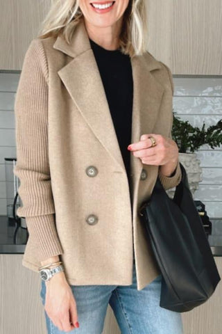 Blazer Camryn™ à manches tricotées, beige, col châle, fermeture à boutons ronds