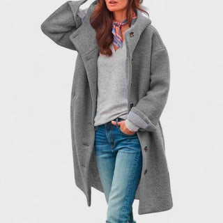 Manteau long en laine à capuche, gris, fermeture boutonnée, poches latérales