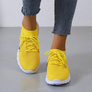 Baskets orthopédiques en maille jaune pour femme, lacets et semelle amortissante blanche