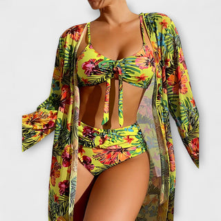 Ensemble de bikini multicolore avec haut à nœud et bas taille haute, robe de plage assortie