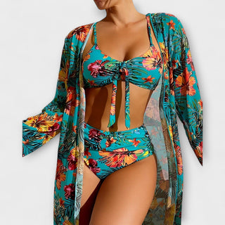 Ensemble de bikini multicolore turquoise à fleurs : haut à nœud, bas taille haute, robe