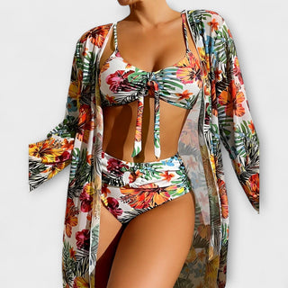 Ensemble de bikini à fleurs multicolores : haut à nœud et bas taille haute, robe de plage