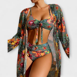 Ensemble de bikini à fleurs multicolores avec haut à nœud et bas taille haute, robe de plage