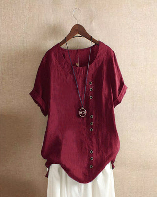 Blouse ample en lin bordeaux, encolure ronde, boutonnage décoratif et manches courtes
