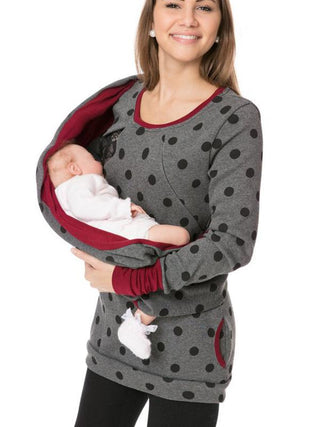 Sweat de maternité et portage gris à pois avec empiècement bordeaux pour porter bébé