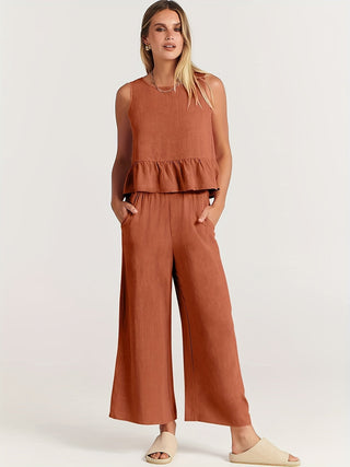 Ensemble blouse sans manches volant + pantalon large terracotta, encolure ronde