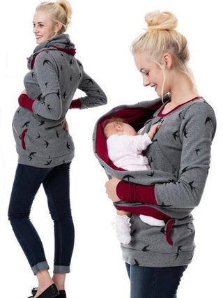 Sweat de maternité et portage gris à motifs, empiècement bordeaux pour le portage