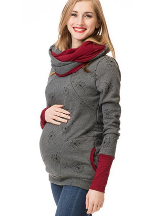 Sweat de maternité et portage gris avec capuche et poignets bordeaux, pour portage