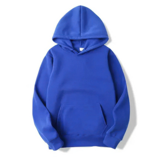 Sweat à capuche femme bleu vif, manches longues, poche kangourou, bord côtelé.