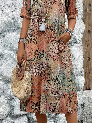 Robe d’été à motif intégral multicolore, décolleté en V, longueur genou, manches 3/4