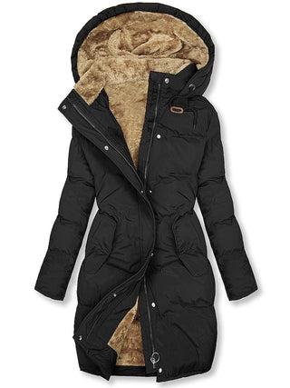 Manteau d’hiver long femme noir à capuche, doublure chaude beige, poches boutonnées