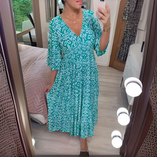 Robe bohème longue à décolleté V, motif bleu turquoise, manches évasées
