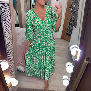 Robe bohème longue à décolleté V, motif vert, manches évasées