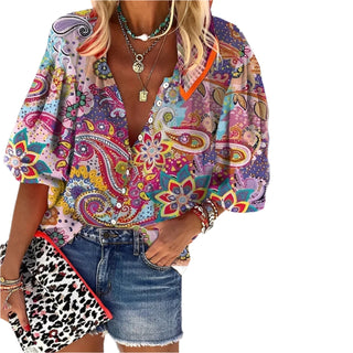 Blouse fluide imprimée bohème multicolore, décolleté en V, manches évasées, violet