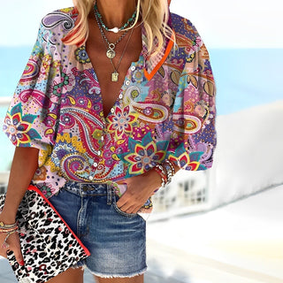 Blouse fluide à imprimé bohème multicolore, col en V, manches évasées, violet