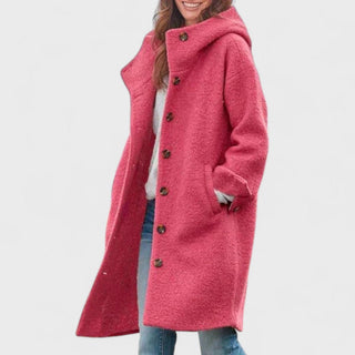 Manteau long en laine à capuche, rose, fermeture boutonnée, poches latérales