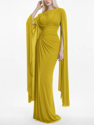 Robe maxi drapée à la taille, manches cape, jaune, robe longue fluide