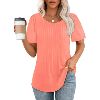T-shirt d’été rose corail à manches courtes et encolure ronde, avec fines nervures verticales